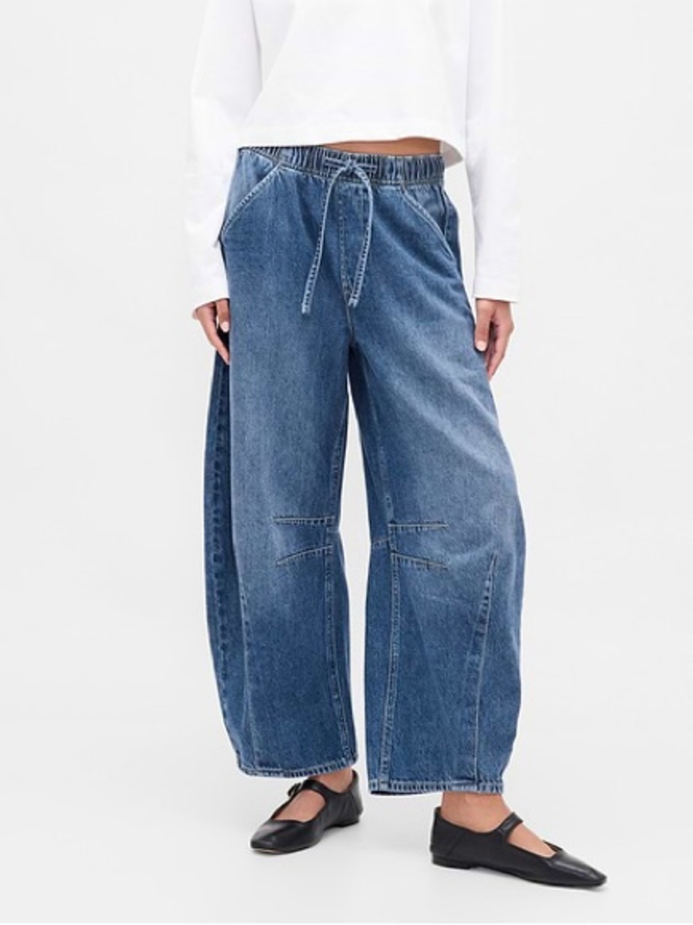 GAP Ultrasoft Horseshoe Jeans Drawstring Waist Barrel Leg Oversized Med Wash XS